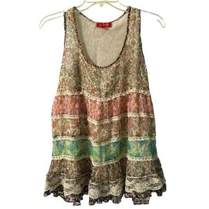 Rene Derhy Boho Patchwork Babydoll Swing Top Chiffon Lace Sleeveless Size Medium
